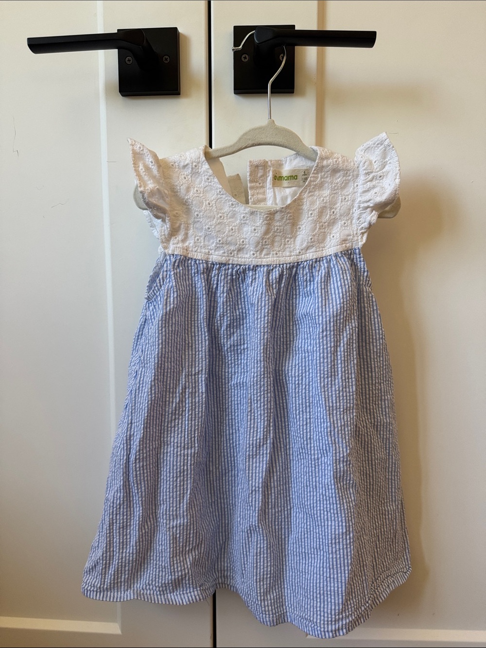 Girls' White Eyelet & Blue Seersucker Dress